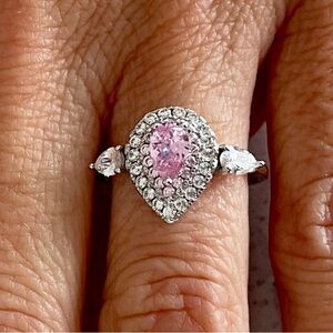 Elegant Pink and Solid 925 Sterling Silver Teardrop Ring